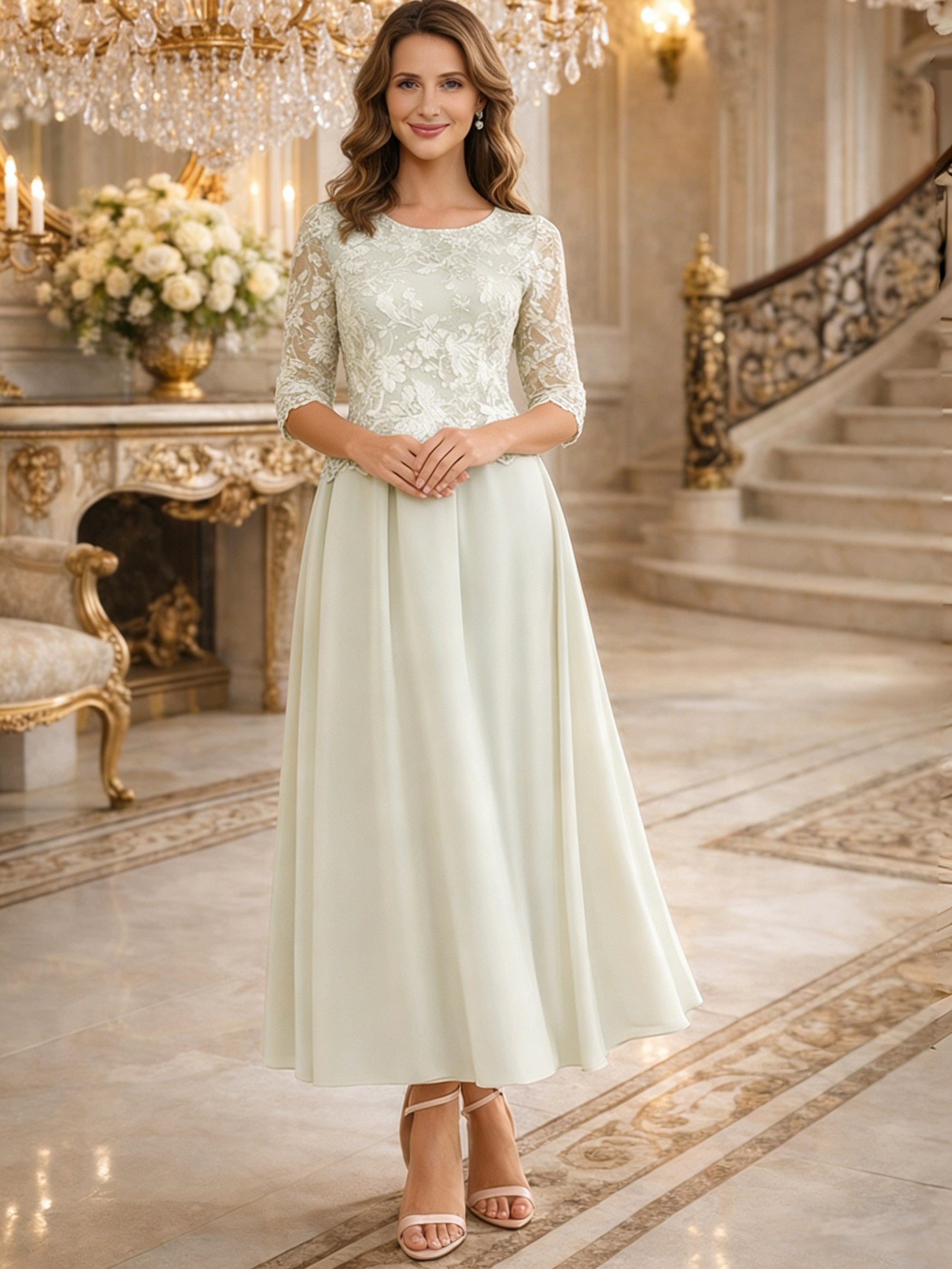 A-Line/Princess 3/4 Sleeves Ankle-Length Mother of the Bride Dresses with Lace Appliques