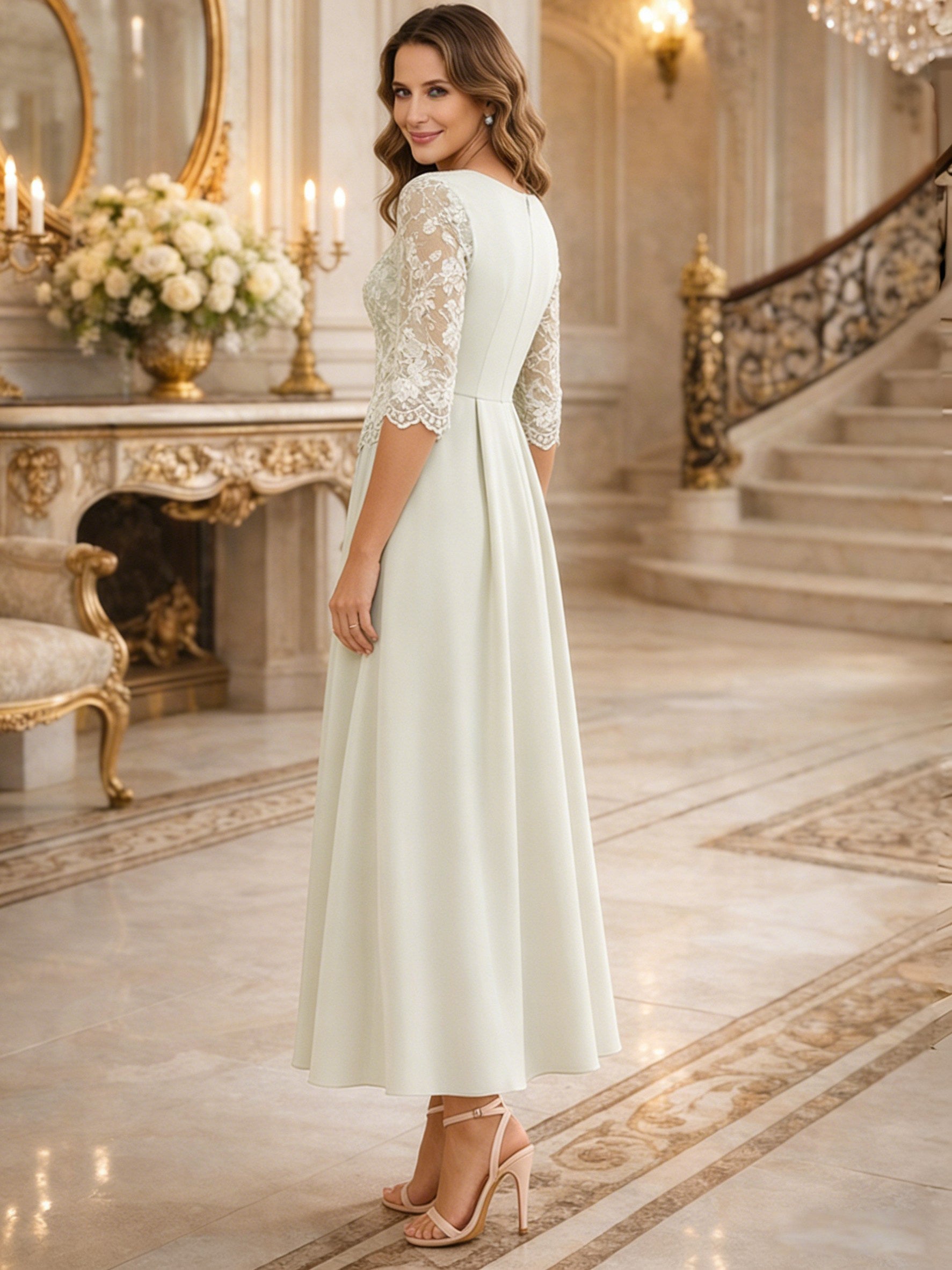 A-Line/Princess 3/4 Sleeves Ankle-Length Mother of the Bride Dresses with Lace Appliques