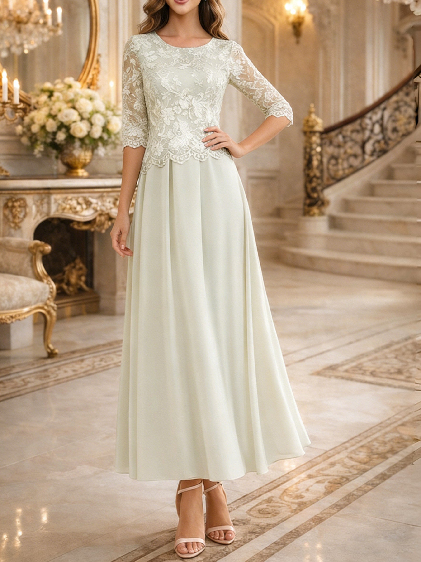 A-Line/Princess 3/4 Sleeves Ankle-Length Mother of the Bride Dresses with Lace Appliques