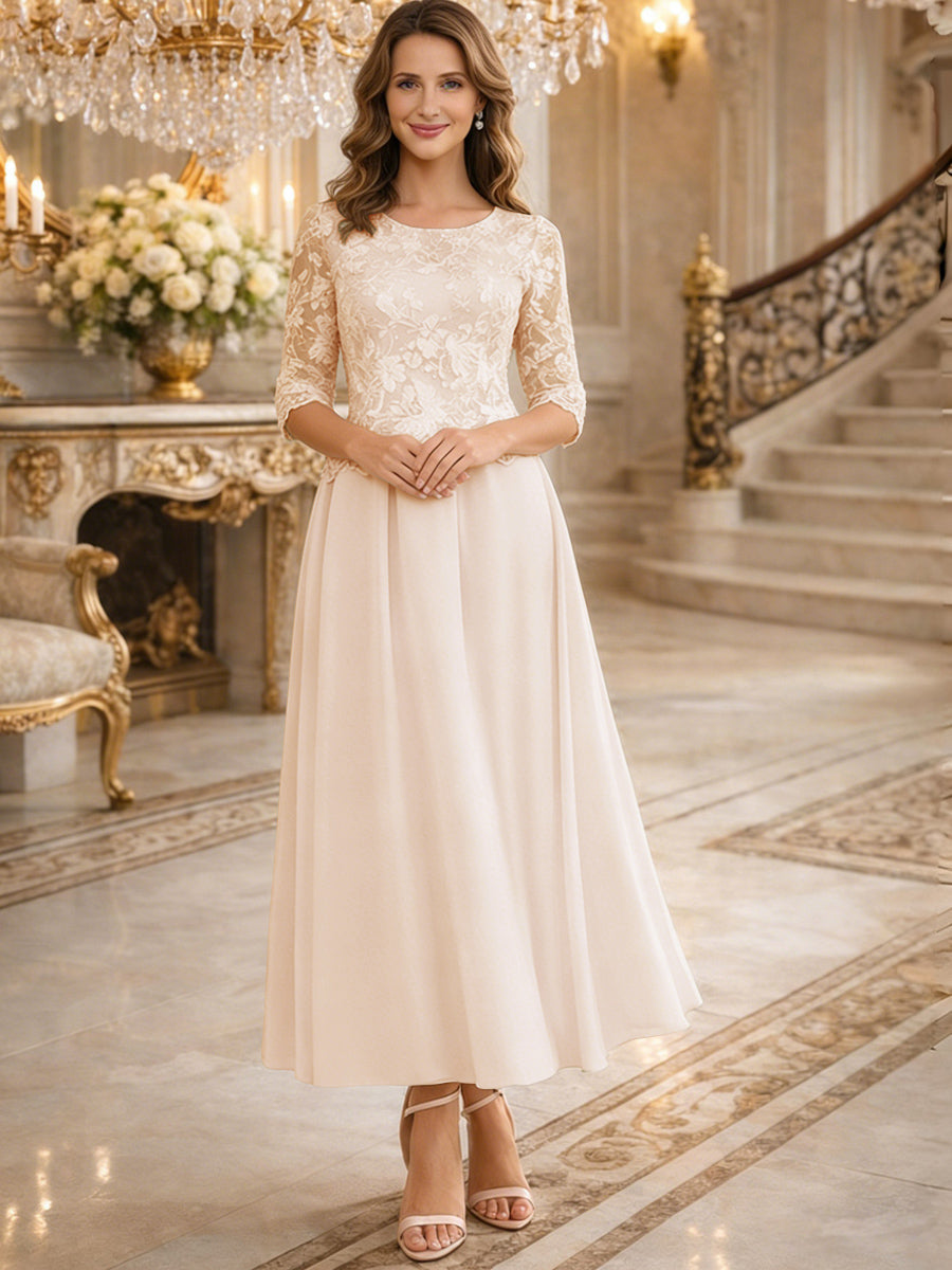 A-Line/Princess 3/4 Sleeves Ankle-Length Mother of the Bride Dresses with Lace Appliques