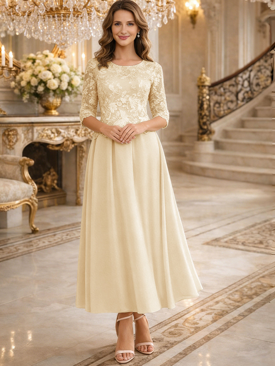 A-Line/Princess 3/4 Sleeves Ankle-Length Mother of the Bride Dresses with Lace Appliques