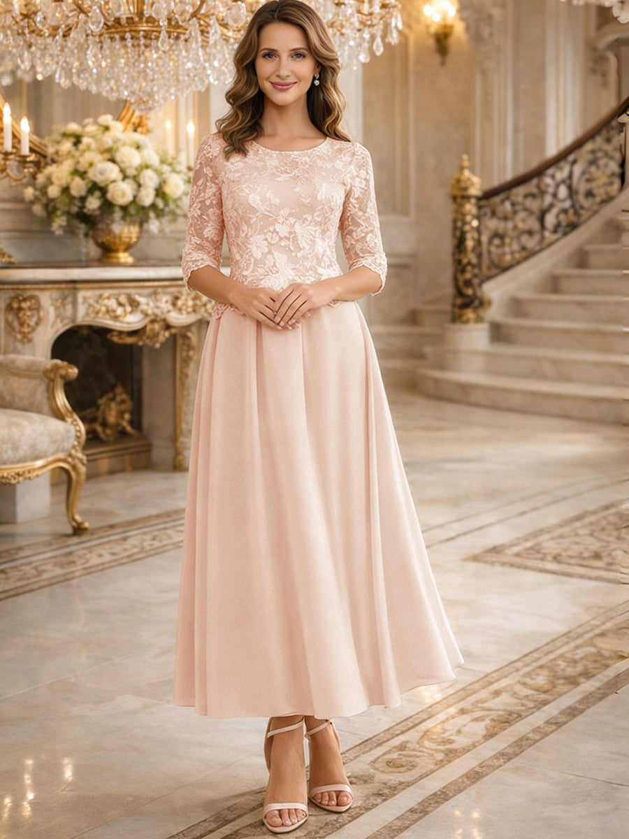 A-Line/Princess 3/4 Sleeves Ankle-Length Mother of the Bride Dresses with Lace Appliques