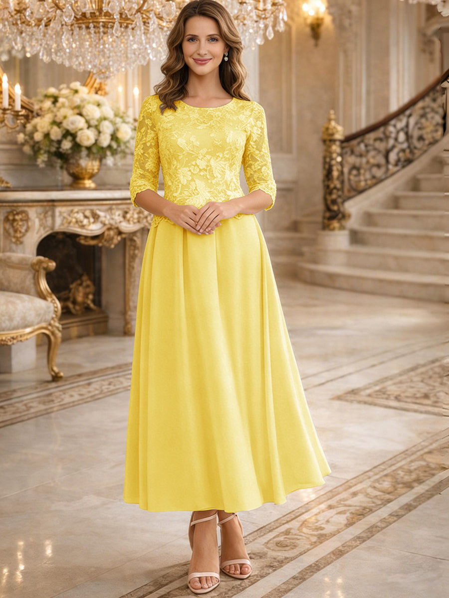 A-Line/Princess 3/4 Sleeves Ankle-Length Mother of the Bride Dresses with Lace Appliques