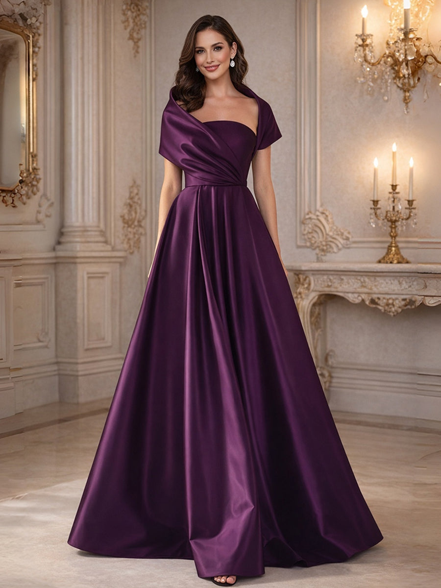 A-Line/Princess Asymmetrical Cape Sleeves Satin Floor-Length Mother of the Bride Dresses with Pleats
