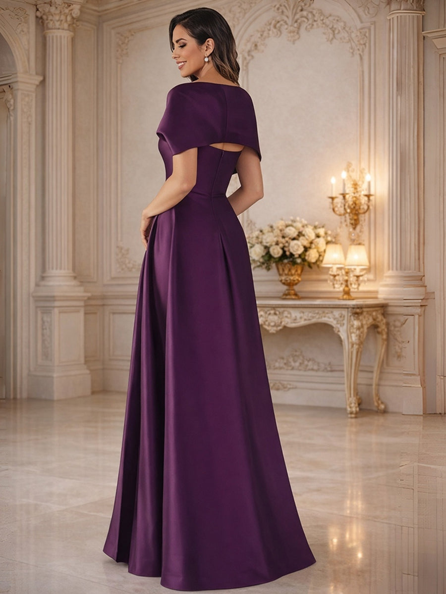 A-Line/Princess Asymmetrical Cape Sleeves Satin Floor-Length Mother of the Bride Dresses with Pleats