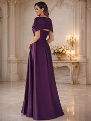 A-Line/Princess Asymmetrical Cape Sleeves Satin Floor-Length Mother of the Bride Dresses with Pleats