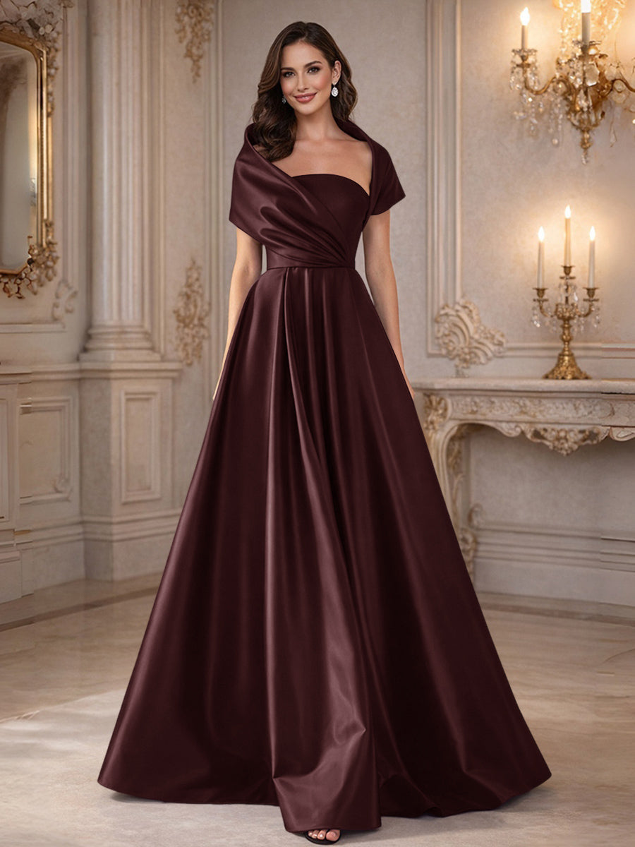 A-Line/Princess Asymmetrical Cape Sleeves Satin Floor-Length Mother of the Bride Dresses with Pleats