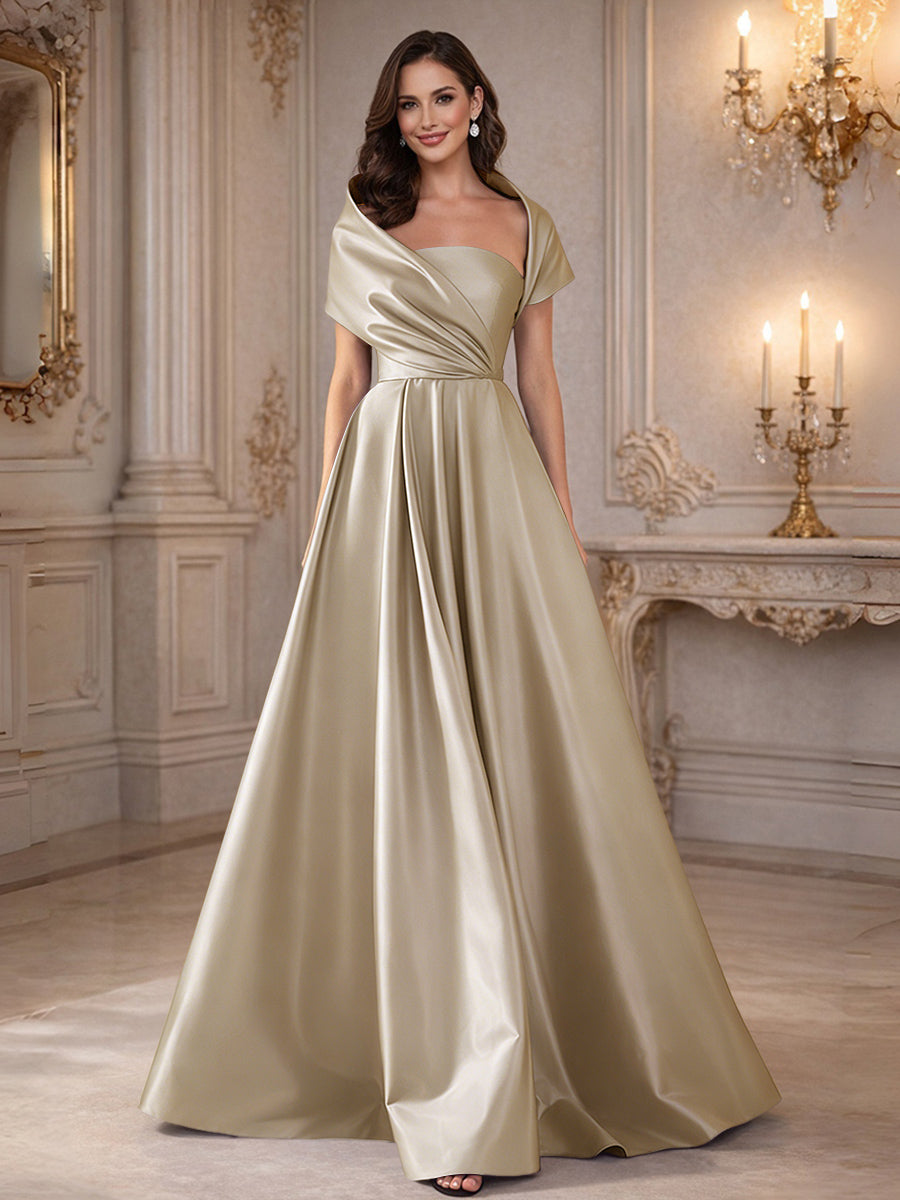 A-Line/Princess Asymmetrical Cape Sleeves Satin Floor-Length Mother of the Bride Dresses with Pleats