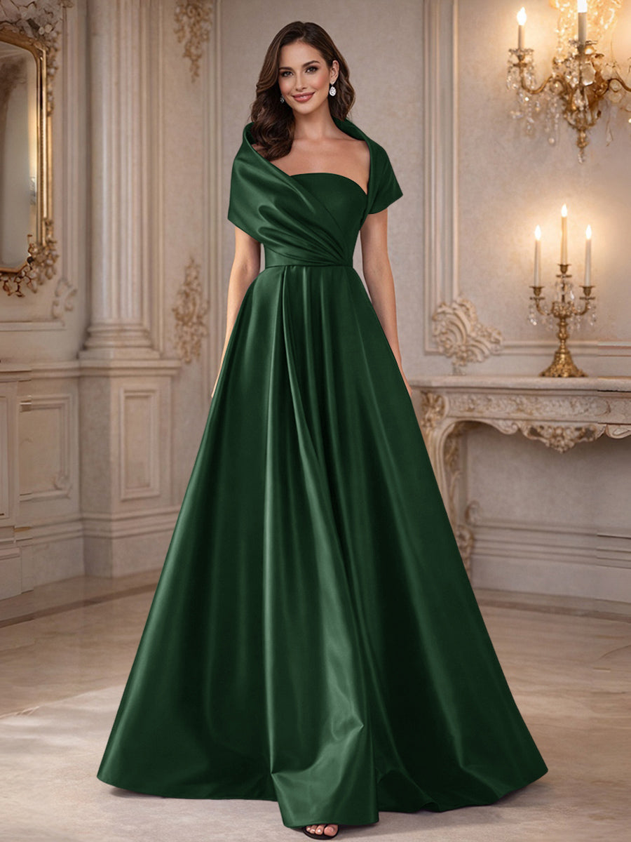 A-Line/Princess Asymmetrical Cape Sleeves Satin Floor-Length Mother of the Bride Dresses with Pleats