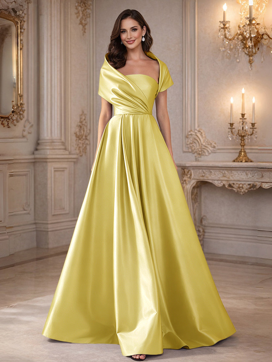 A-Line/Princess Asymmetrical Cape Sleeves Satin Floor-Length Mother of the Bride Dresses with Pleats