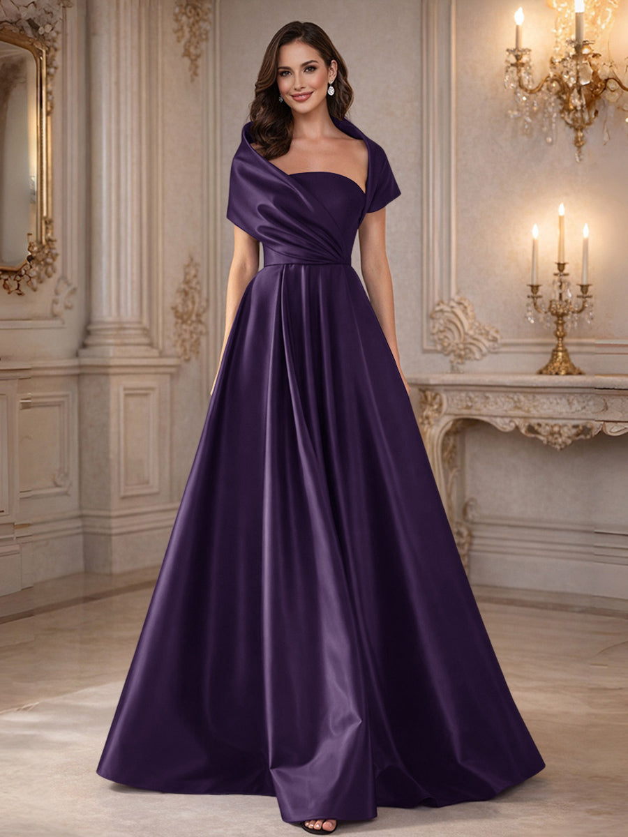 A-Line/Princess Asymmetrical Cape Sleeves Satin Floor-Length Mother of the Bride Dresses with Pleats