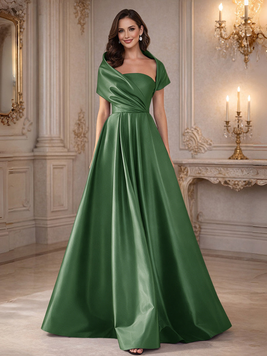 A-Line/Princess Asymmetrical Cape Sleeves Satin Floor-Length Mother of the Bride Dresses with Pleats