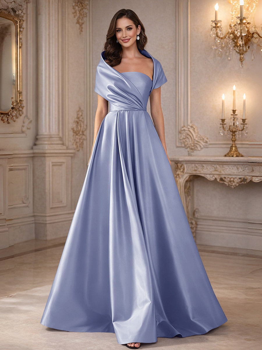 A-Line/Princess Asymmetrical Cape Sleeves Satin Floor-Length Mother of the Bride Dresses with Pleats
