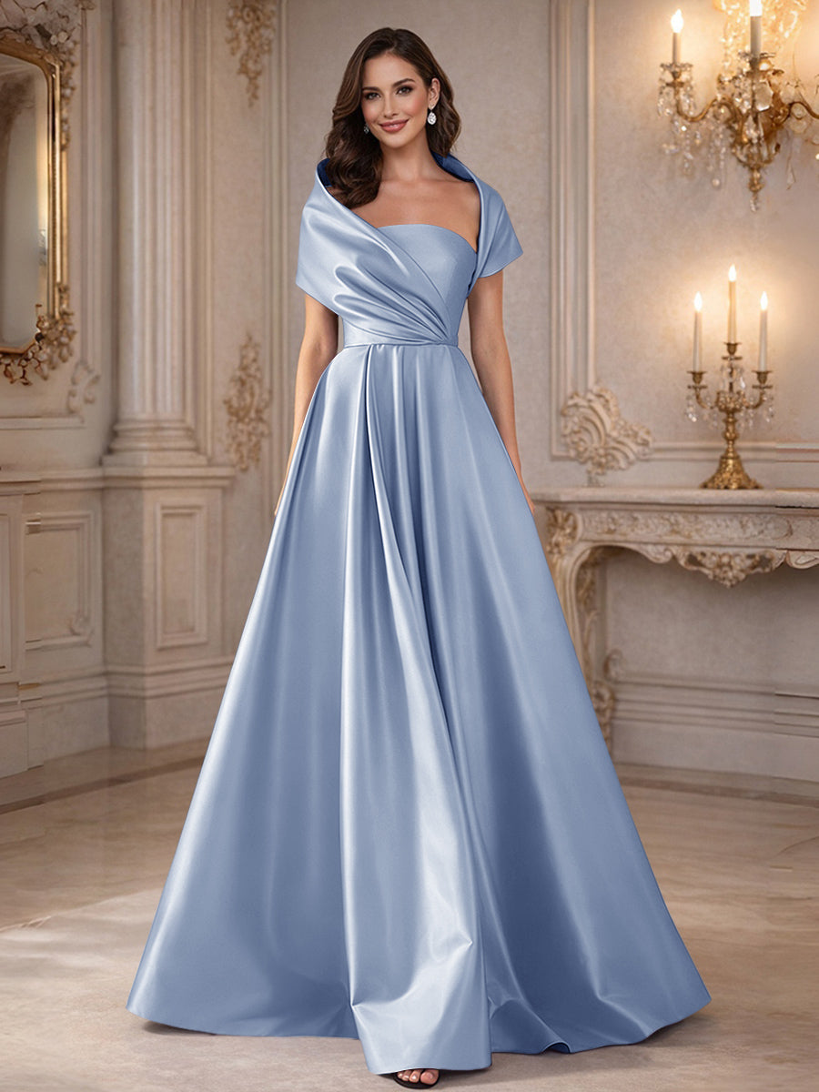 A-Line/Princess Asymmetrical Cape Sleeves Satin Floor-Length Mother of the Bride Dresses with Pleats