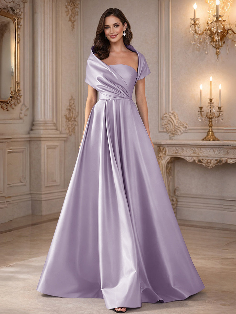 A-Line/Princess Asymmetrical Cape Sleeves Satin Floor-Length Mother of the Bride Dresses with Pleats
