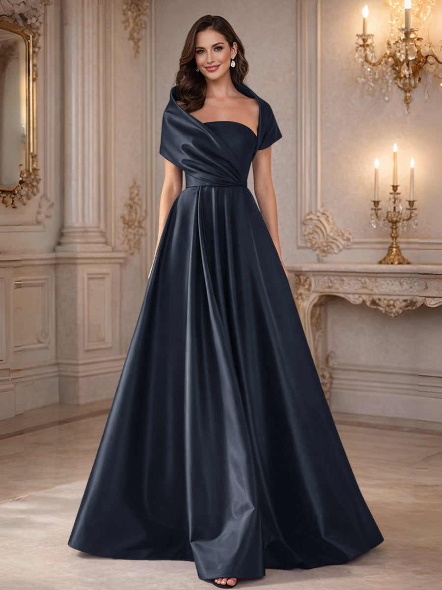 A-Line/Princess Asymmetrical Cape Sleeves Satin Floor-Length Mother of the Bride Dresses with Pleats