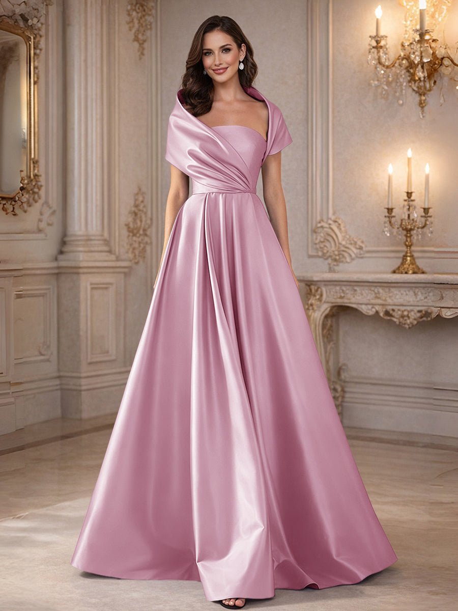 A-Line/Princess Asymmetrical Cape Sleeves Satin Floor-Length Mother of the Bride Dresses with Pleats