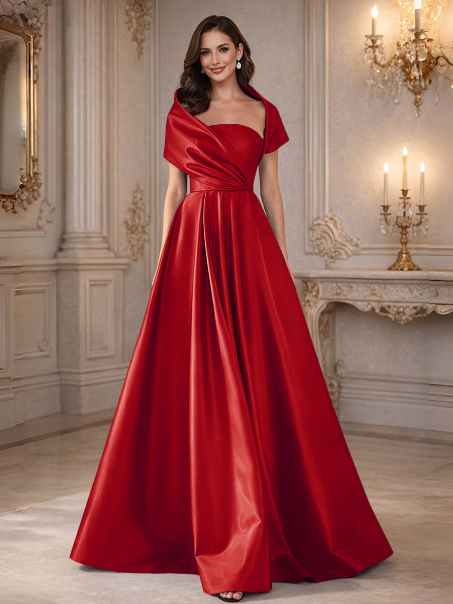 A-Line/Princess Asymmetrical Cape Sleeves Satin Floor-Length Mother of the Bride Dresses with Pleats
