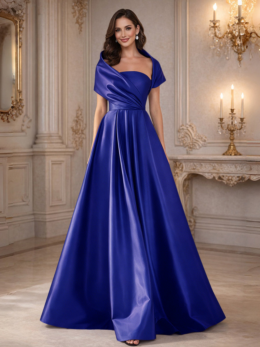 A-Line/Princess Asymmetrical Cape Sleeves Satin Floor-Length Mother of the Bride Dresses with Pleats