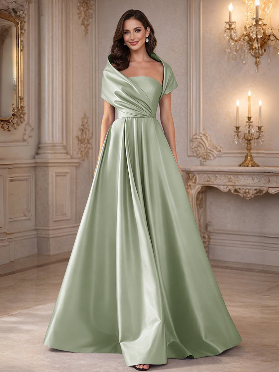 A-Line/Princess Asymmetrical Cape Sleeves Satin Floor-Length Mother of the Bride Dresses with Pleats