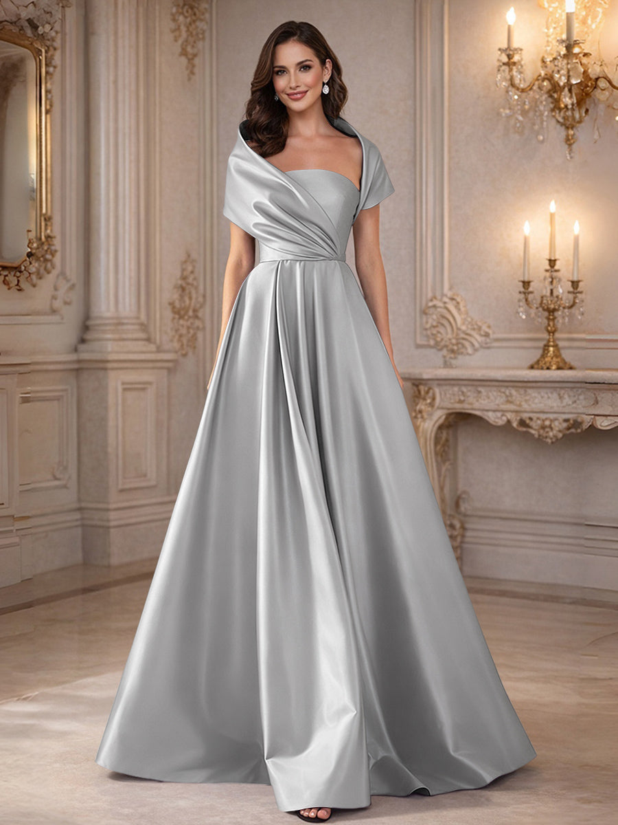 A-Line/Princess Asymmetrical Cape Sleeves Satin Floor-Length Mother of the Bride Dresses with Pleats