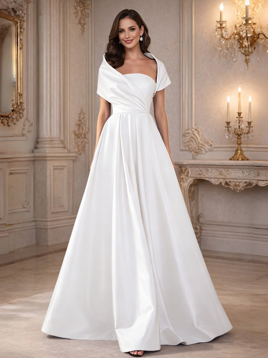 A-Line/Princess Asymmetrical Cape Sleeves Satin Floor-Length Mother of the Bride Dresses with Pleats