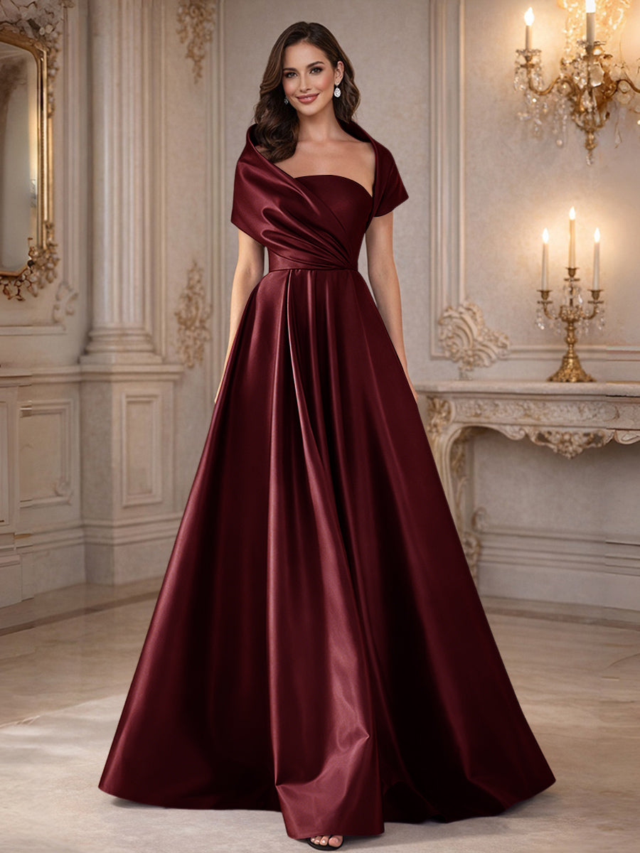 A-Line/Princess Asymmetrical Cape Sleeves Satin Floor-Length Mother of the Bride Dresses with Pleats