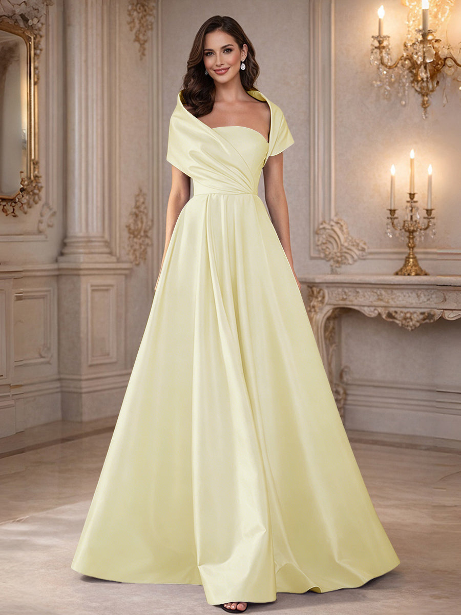 A-Line/Princess Asymmetrical Cape Sleeves Satin Floor-Length Mother of the Bride Dresses with Pleats