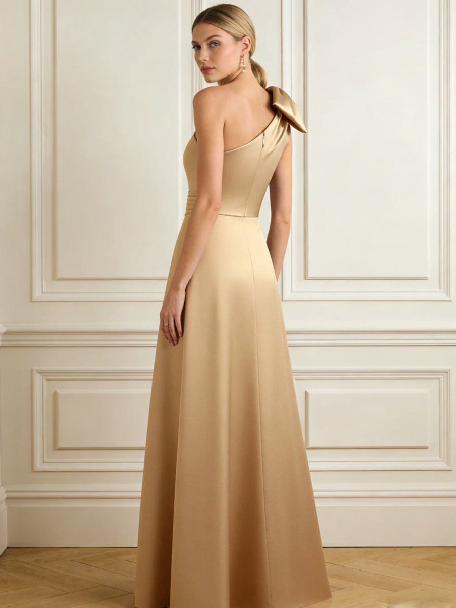 A-Line/Princess One Shoulder Pleated Satin Floor-Length Mother of the Bride Dresses with Slit & Bow