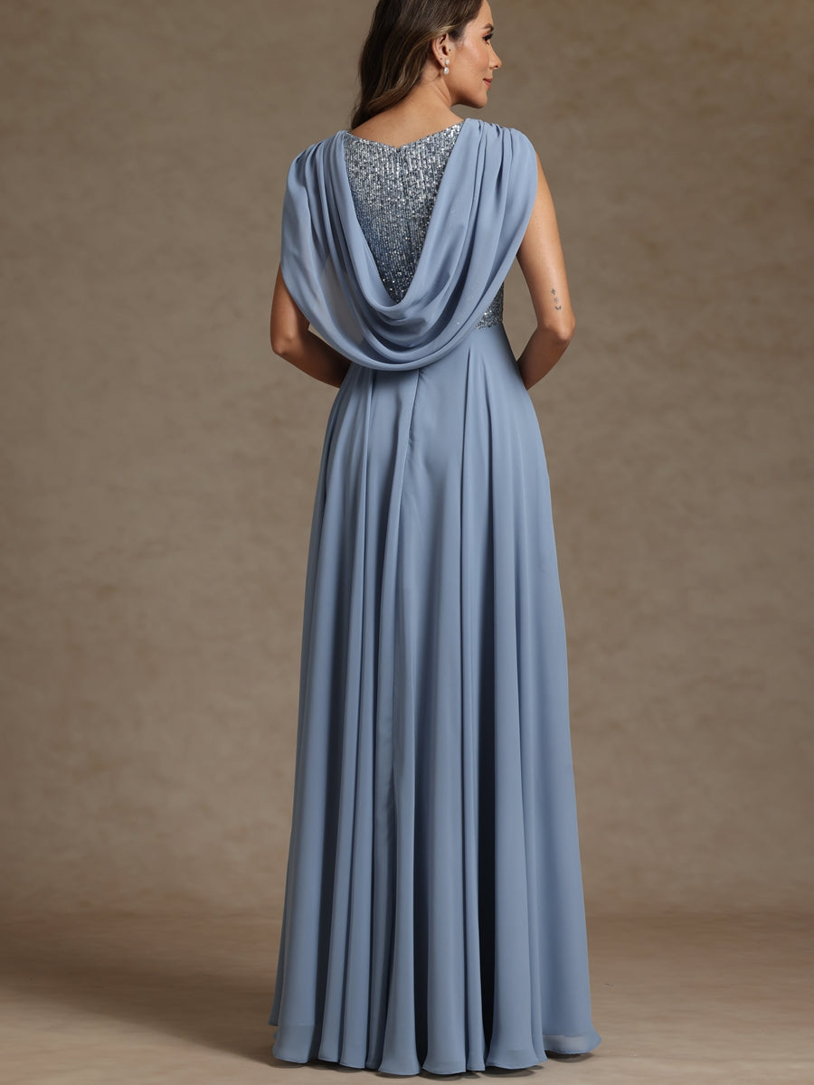 A-Line/Princess Asymmetrical Pleated Sequins Floor-Length Mother of the Bride Dresses with Pockets