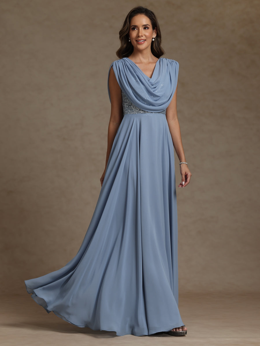 A-Line/Princess Asymmetrical Pleated Sequins Floor-Length Mother of the Bride Dresses with Pockets