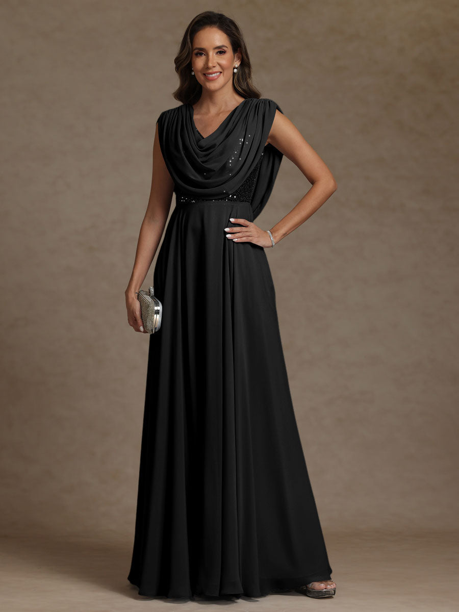 A-Line/Princess Asymmetrical Pleated Sequins Floor-Length Mother of the Bride Dresses with Pockets