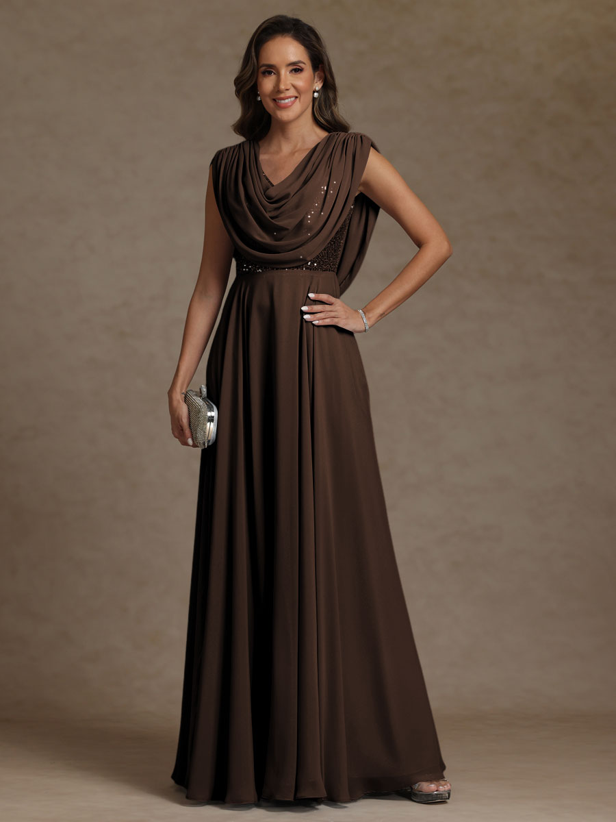 A-Line/Princess Asymmetrical Pleated Sequins Floor-Length Mother of the Bride Dresses with Pockets