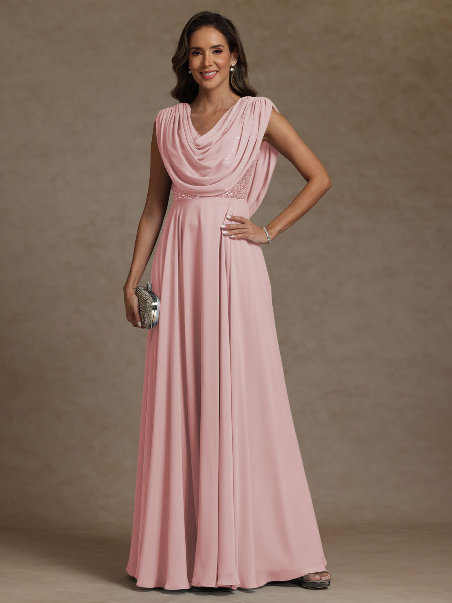 A-Line/Princess Asymmetrical Pleated Sequins Floor-Length Mother of the Bride Dresses with Pockets