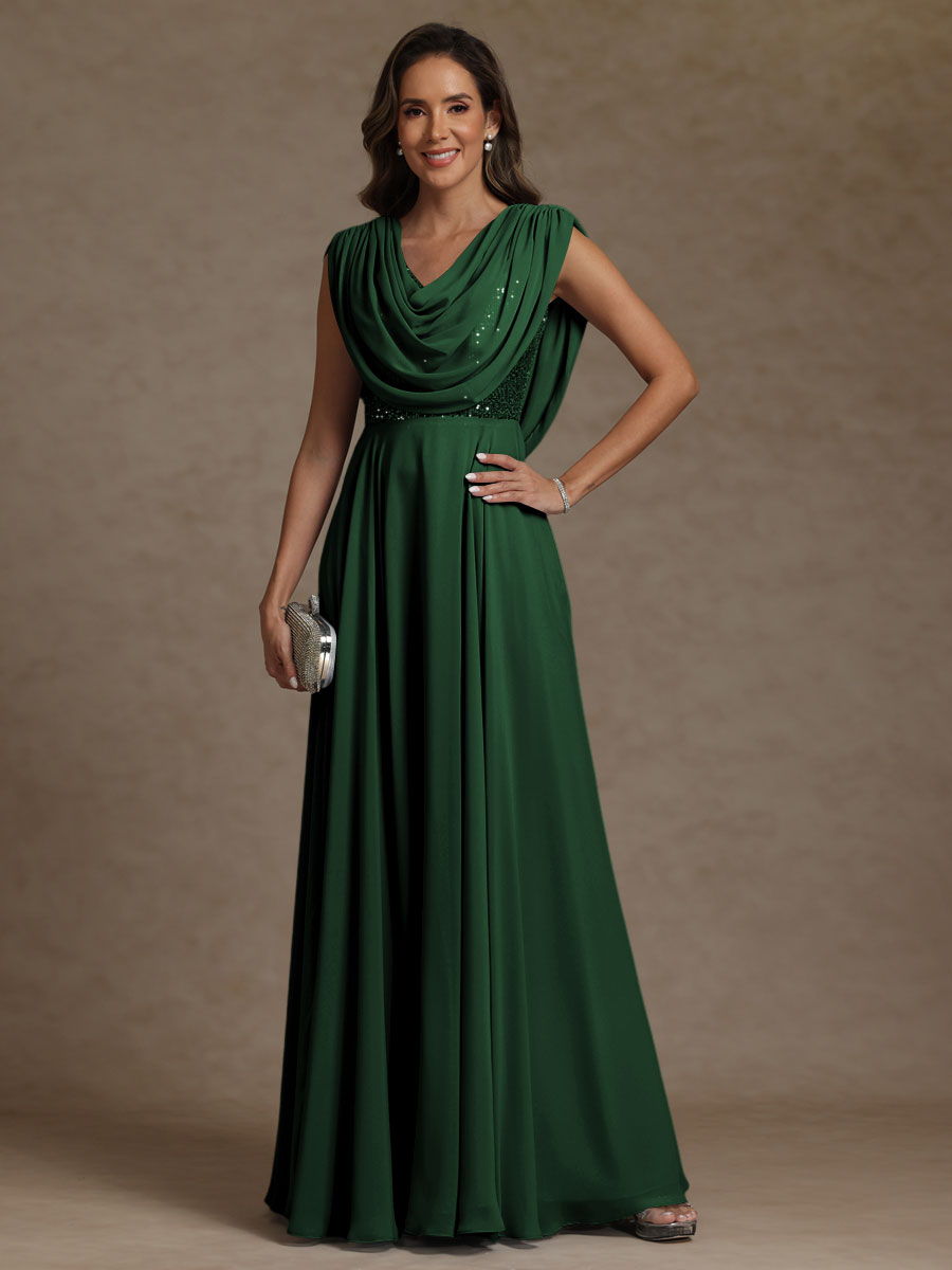 A-Line/Princess Asymmetrical Pleated Sequins Floor-Length Mother of the Bride Dresses with Pockets