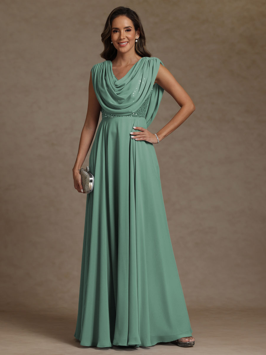 A-Line/Princess Asymmetrical Pleated Sequins Floor-Length Mother of the Bride Dresses with Pockets