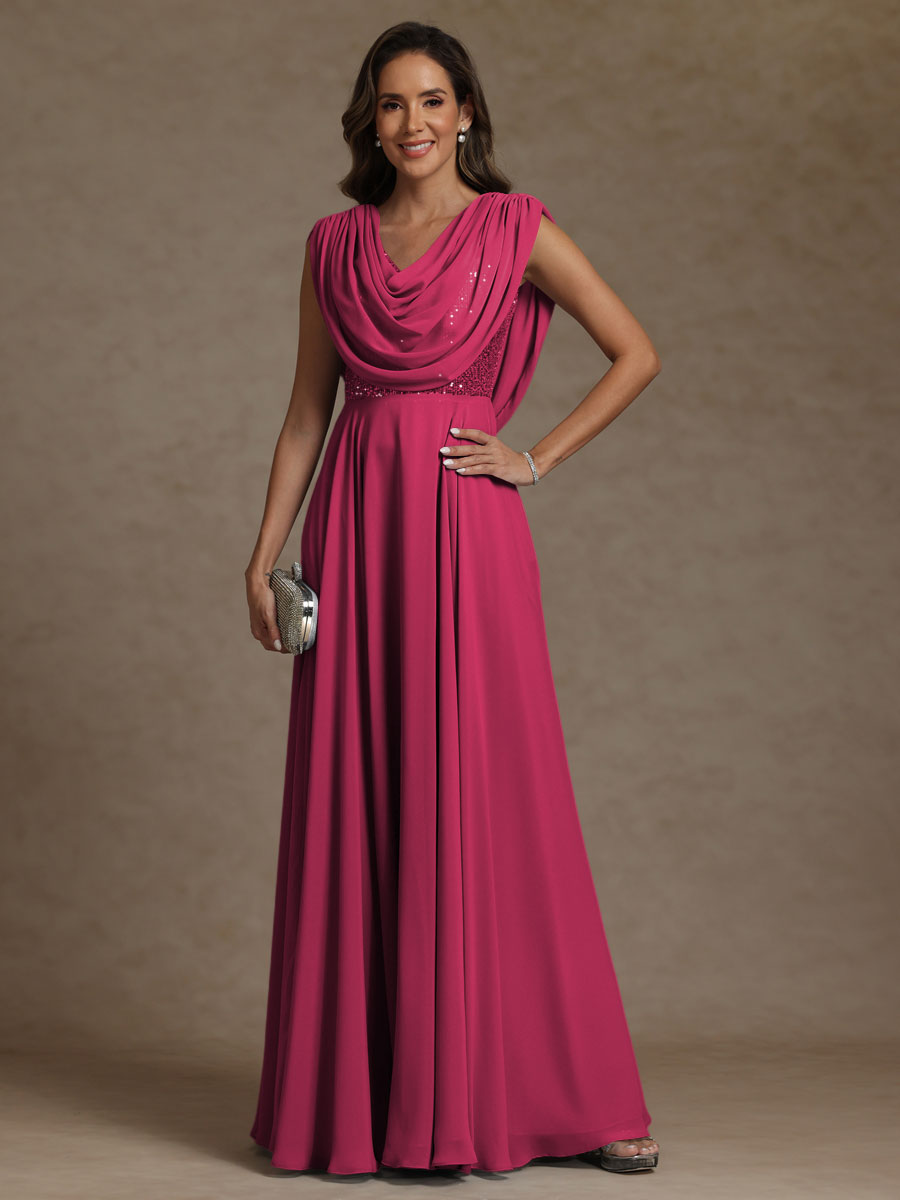 A-Line/Princess Asymmetrical Pleated Sequins Floor-Length Mother of the Bride Dresses with Pockets