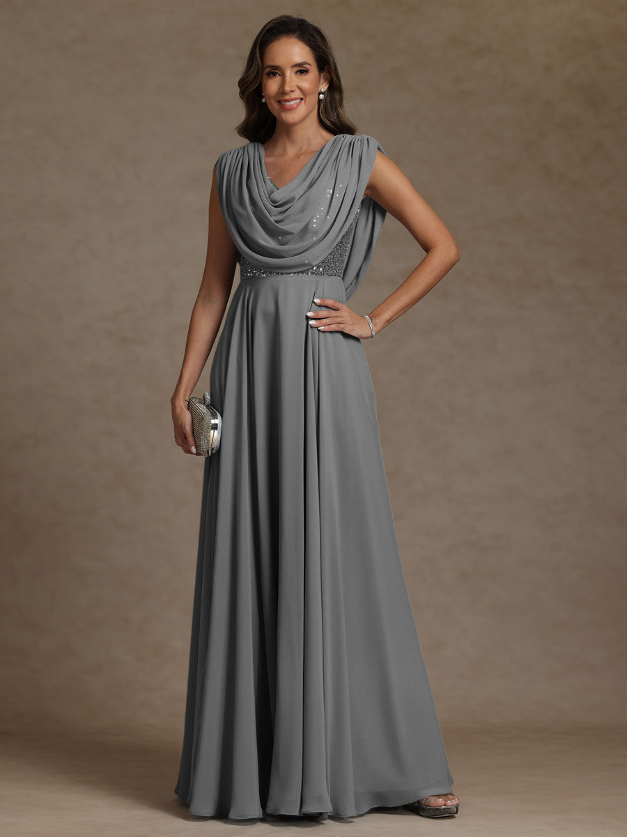 A-Line/Princess Asymmetrical Pleated Sequins Floor-Length Mother of the Bride Dresses with Pockets