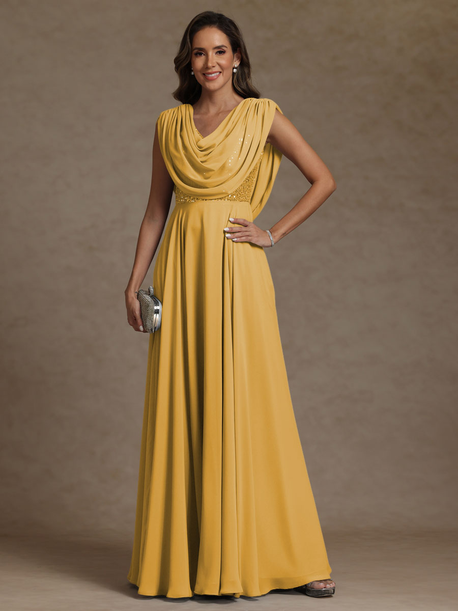 A-Line/Princess Asymmetrical Pleated Sequins Floor-Length Mother of the Bride Dresses with Pockets