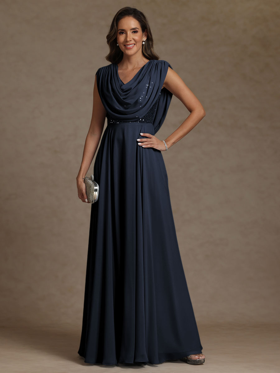A-Line/Princess Asymmetrical Pleated Sequins Floor-Length Mother of the Bride Dresses with Pockets