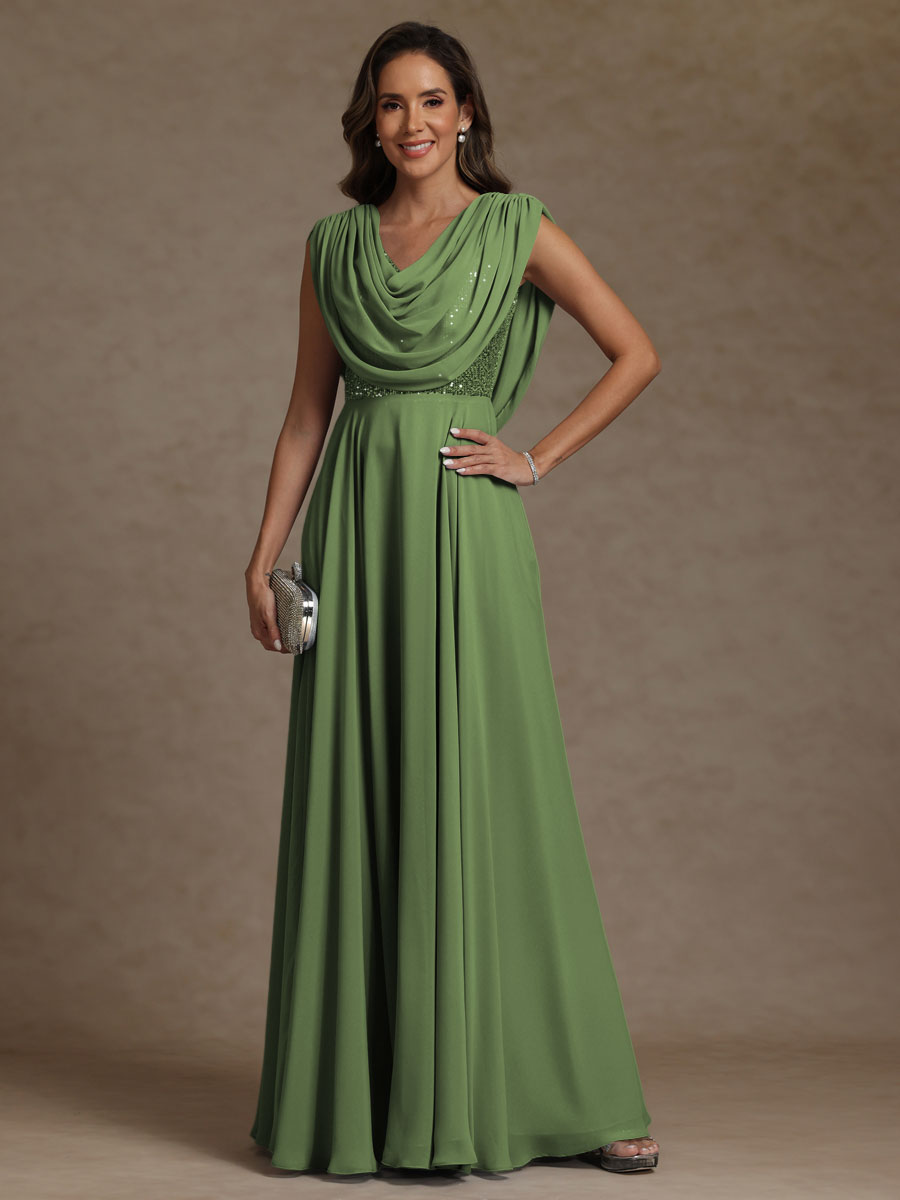 A-Line/Princess Asymmetrical Pleated Sequins Floor-Length Mother of the Bride Dresses with Pockets