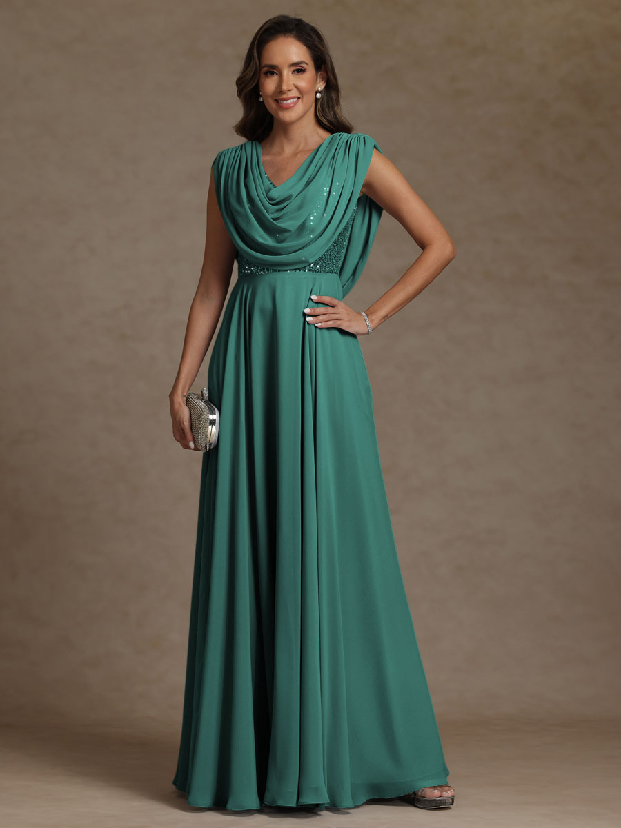A-Line/Princess Asymmetrical Pleated Sequins Floor-Length Mother of the Bride Dresses with Pockets