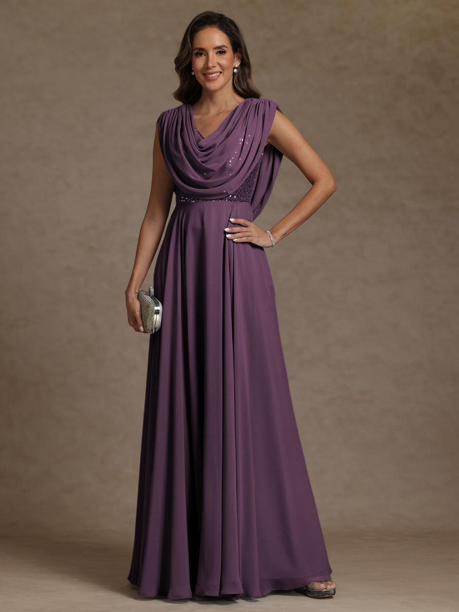 A-Line/Princess Asymmetrical Pleated Sequins Floor-Length Mother of the Bride Dresses with Pockets