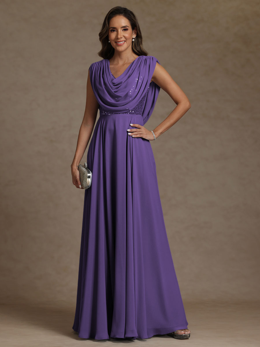 A-Line/Princess Asymmetrical Pleated Sequins Floor-Length Mother of the Bride Dresses with Pockets
