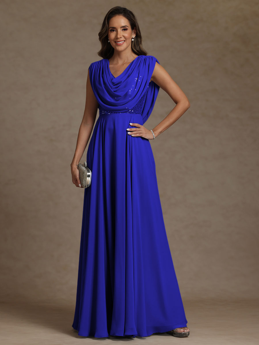 A-Line/Princess Asymmetrical Pleated Sequins Floor-Length Mother of the Bride Dresses with Pockets