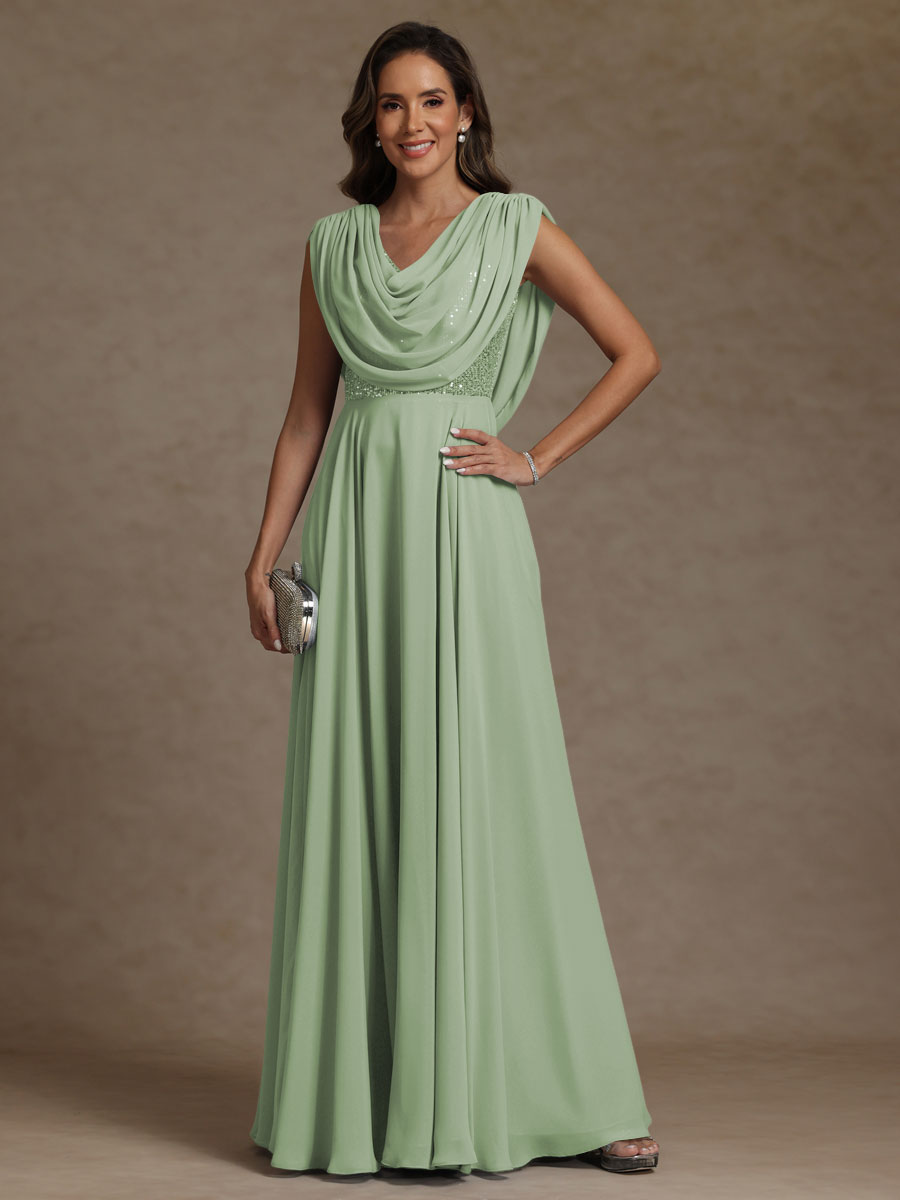 A-Line/Princess Asymmetrical Pleated Sequins Floor-Length Mother of the Bride Dresses with Pockets