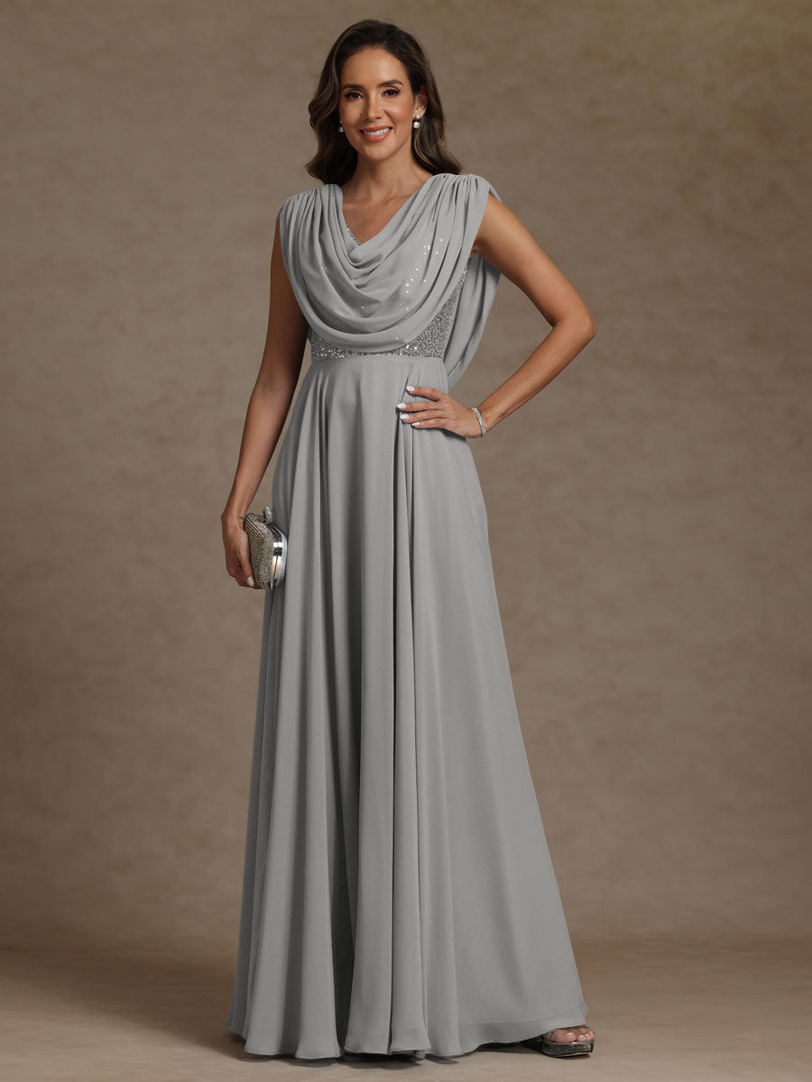 A-Line/Princess Asymmetrical Pleated Sequins Floor-Length Mother of the Bride Dresses with Pockets