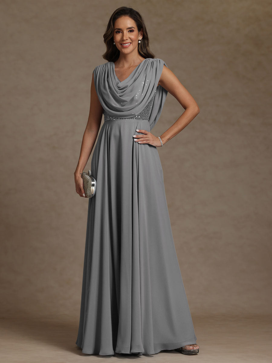A-Line/Princess Asymmetrical Pleated Sequins Floor-Length Mother of the Bride Dresses with Pockets