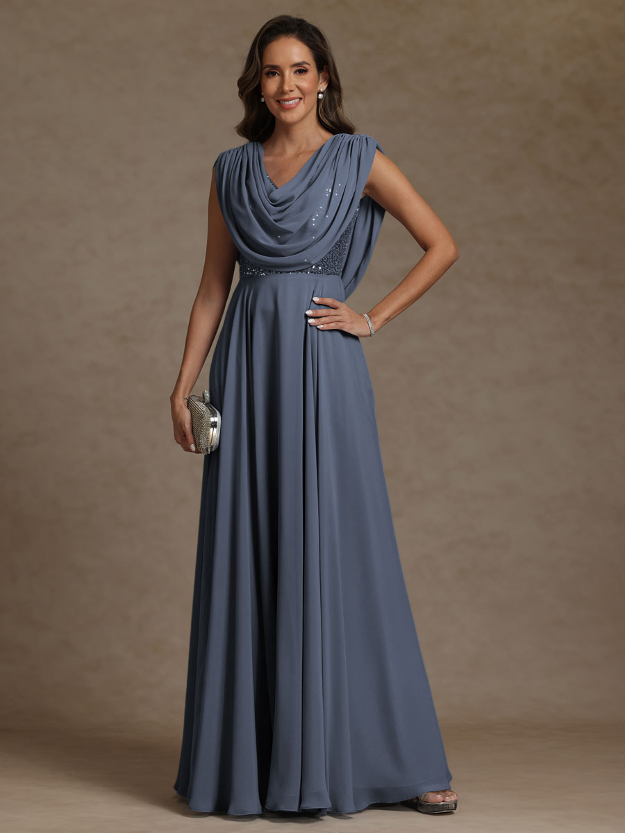 A-Line/Princess Asymmetrical Pleated Sequins Floor-Length Mother of the Bride Dresses with Pockets