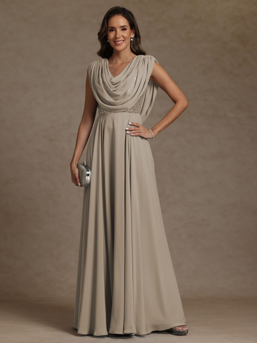 A-Line/Princess Asymmetrical Pleated Sequins Floor-Length Mother of the Bride Dresses with Pockets